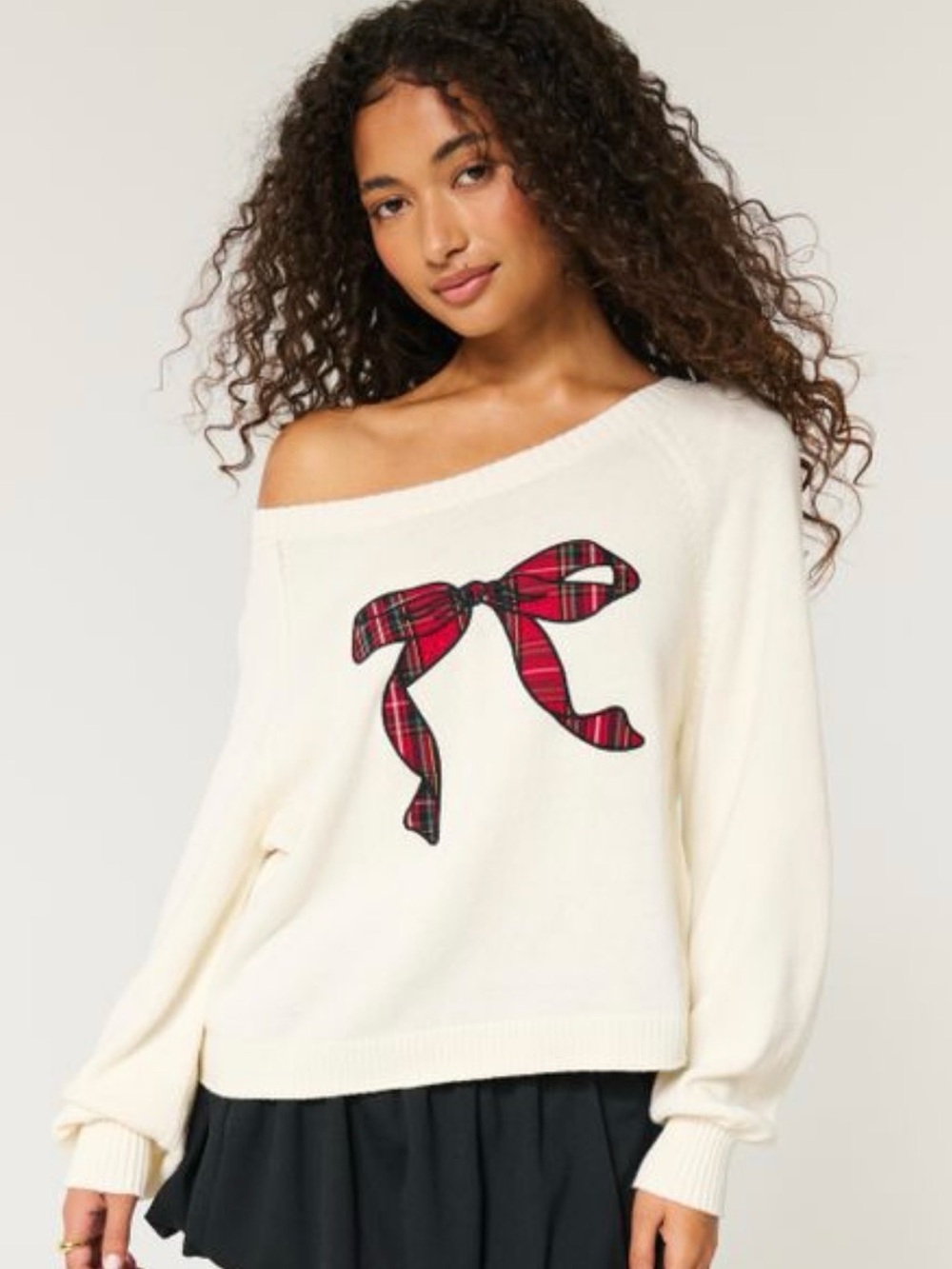 Hollister Cream Off-Shoulder Sweater with Red Plaid Bow Applique